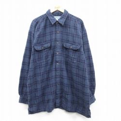 XL★古着 長袖 フランネル シャツ メンズ 大きいサイズ ロング丈 コットン 紺他 ネイビー チェック 25feb07 中古 トップス