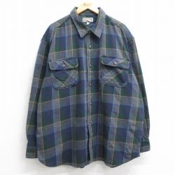 XL★古着 長袖 ヘビー フランネル シャツ メンズ 大きいサイズ　ロング丈 コットン 紺他 ネイビー チェック 25feb08 中古 トップス