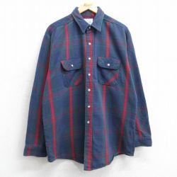 XL★古着 長袖 ヘビー フランネル シャツ メンズ 90年代 90s ロング丈 コットン 紺他 ネイビー チェック 25feb08 中古 トップス