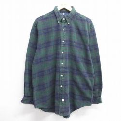 XL★古着 ラルフローレン Ralph Lauren 長袖 ブランド フランネル シャツ メンズ 90年代 90s ワンポイントロゴ 大きいサイズ コットン ボタンダウン 緑他 グリーン チェック 25feb14 中古 トップス