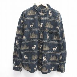 XL★古着 長袖 ヘビー フランネル シャツ メンズ 00年代 00s シカ コットン ボタンダウン 紺 ネイビー 25feb14 中古 トップス