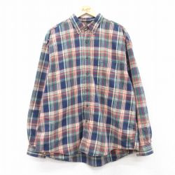 XL★古着 エディーバウアー 長袖 フランネル シャツ メンズ 00年代 00s 大きいサイズ コットン ボタンダウン 紺他 ネイビー チェック 25feb14 中古 トップス