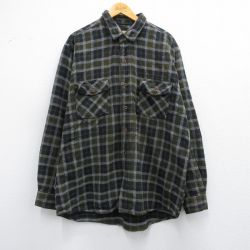 XL★古着 長袖 ヘビー フランネル シャツ メンズ 大きいサイズ ロング丈 コットン 緑他 グリーン チェック 25feb18 中古 トップス