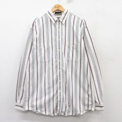 【20%OFF】XL★古着 エディーバウアー 長袖 フランネル シャツ メンズ 90年代 90s ロング丈 コットン 白他 ホワイト ストライプ 25feb20 中古 トップス