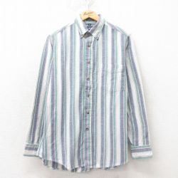 L★古着 バンヒューセン 長袖 フランネル シャツ メンズ 90年代 90s コットン ボタンダウン 紺他 ネイビー ストライプ 25feb20 中古 トップス