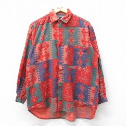 XL★古着 長袖 フランネル シャツ メンズ 90年代 90s ネイティブ柄 ラグ柄 大きいサイズ コットン 赤 レッド 【spe】 25feb26 中古 トップス