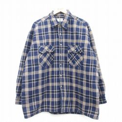 XL★古着 長袖 ヘビー フランネル シャツ メンズ 大きいサイズ コットン 濃紺他 ネイビー チェック 内側フリース 25mar03 中古 トップス