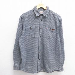 L★古着 ディッキーズ Dickies 長袖 ヘビー フランネル シャツ メンズ コットン 濃紺他 ネイビー ボーダー 25mar03 中古 トップス