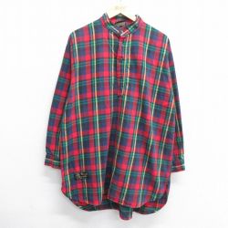 【50%OFF】XL★古着 長袖 フランネル シャツ メンズ 90年代 90s 大きいサイズ ロング丈 コットンノーカラー USA製 赤他 レッド チェック 【spe】 25mar03 中古 トップス