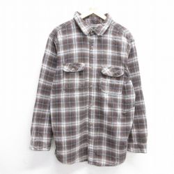 L★古着 長袖 ヘビー フランネル シャツ メンズ ボロ ロング丈 コットン 茶他 ブラウン チェック 25mar03 中古 トップス