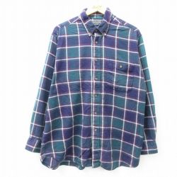 XL★古着 長袖 フランネル シャツ メンズ 90年代 90s 大きいサイズ コットン ボタンダウン 紺他 ネイビー チェック 25mar04 中古 トップス