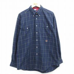 XL★古着 トミーヒルフィガー TOMMY HILFIGER 長袖 ブランド フランネル シャツ メンズ 90年代 90s ワンポイントロゴ コットン ボタンダウン 紺他 ネイビー チェック 【spe】 25mar04 中古 トップス