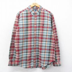 XL★古着 ラルフローレン Ralph Lauren 長袖 ブランド フランネル シャツ メンズ 90年代 90s ワンポイントロゴ コットン ボタンダウン エンジ他 チェック 25mar06 中古 トップス