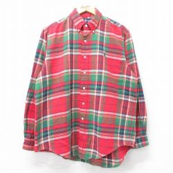 XL★古着 ラルフローレン Ralph Lauren 長袖 ブランド フランネル シャツ メンズ 90年代 90s ワンポイントロゴ コットン ボタンダウン 赤他 レッド チェック 25mar06 中古 トップス