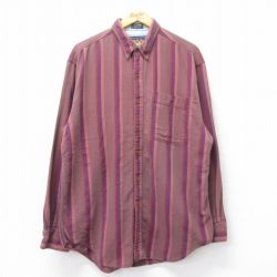 XL★古着 ラルフローレン Ralph Lauren チャップス 長袖 ブランド フランネル シャツ メンズ 80年代 80s ロング丈 コットン ボタンダウン 茶他 ブラウン ストライプ 25mar06 中古 トップス