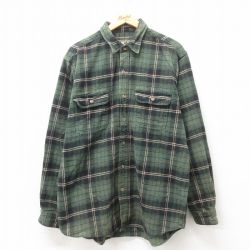 L★古着 長袖 ヘビー フランネル シャツ メンズ コットン 緑 グリーン チェック 25mar10 中古 トップス