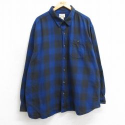 XL★古着 長袖 フランネル シャツ メンズ 大きいサイズ ロング丈 コットン 青他 ブルー チェック 25mar10 中古 トップス