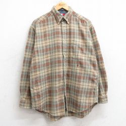 【20%OFF】L★古着 トミーヒルフィガー TOMMY HILFIGER 長袖 ブランド フランネル シャツ メンズ 90年代 90s ワンポイントロゴ コットン ボタンダウン ベージュ他 カーキ チェック 25mar10 中古 トップス