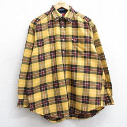 XL★古着 トミーヒルフィガー TOMMY HILFIGER 長袖 ブランド フランネル シャツ メンズ 90年代 90s ワンポイントロゴ コットン 黄他 イエロー チェック 25mar11 中古 トップス
