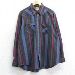 【20%OFF】XL★古着 ELY 長袖 ウエスタン フランネル シャツ メンズ 90年代 90s 大きいサイズ 黒他 ブラック ストライプ 25mar11 中古 トップス