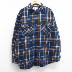 XL★古着 長袖 ヘビー フランネル シャツ メンズ 大きいサイズ ロング丈 コットン ボタンダウン 紺他 ネイビー チェック 25mar11 中古 トップス