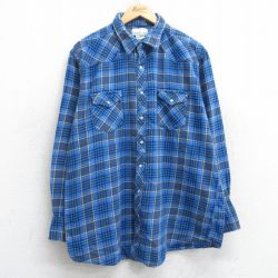 XL★古着 ラングラー Wrangler 長袖 ウエスタン フランネル シャツ メンズ 大きいサイズ コットン 青他 ブルー チェック 25mar11 中古 トップス