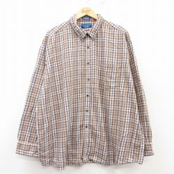 XL★古着 タウンクラフト 長袖 フランネル シャツ メンズ 90年代 90s 大きいサイズ ロング丈 コットン ボタンダウン ベージュ他 カーキ チェック 25mar12 中古 トップス