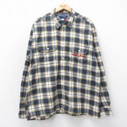 XL★古着 トミーヒルフィガー TOMMY HILFIGER 長袖 ブランド フランネル シャツ メンズ 90年代 90s ワンポイントロゴ 大きいサイズ コットン 紺他 ネイビー チェック 25mar12 中古 トップス