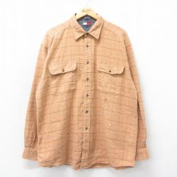 XL★古着 トミーヒルフィガー TOMMY HILFIGER 長袖 ブランド フランネル シャツ メンズ 90年代 90s ワンポイントロゴ 大きいサイズ ロング丈 コットン ベージュ系他 カーキ チェック 25mar12 中古 トップス