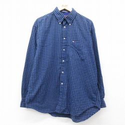 XL★古着 トミーヒルフィガー TOMMY HILFIGER 長袖 ブランド フランネル シャツ メンズ 90年代 90s ワンポイントロゴ 大きいサイズ コットン ボタンダウン 紺他 ネイビー チェック 25mar18 中古 トップス