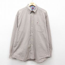 XL★古着 トミーヒルフィガー TOMMY HILFIGER 長袖 ブランド フランネル シャツ メンズ 90年代 90s 千鳥格子 ワンポイントロゴ 大きいサイズ コットン ボタンダウン 茶他 ブラウン チェック 【spe】 25mar18 中古 トップス