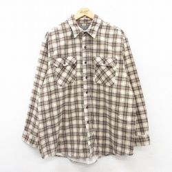 XL★古着 長袖 フランネル シャツ メンズ 90年代 90s 大きいサイズ ロング丈 茶他 ブラウン チェック 25mar18 中古 トップス