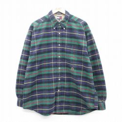 XL★古着 トミーヒルフィガー TOMMY HILFIGER 長袖 ブランド フランネル シャツ メンズ 90年代 90s ワンポイントロゴ コットン ボタンダウン 緑他 グリーン チェック 【spe】 25mar18 中古 トップス