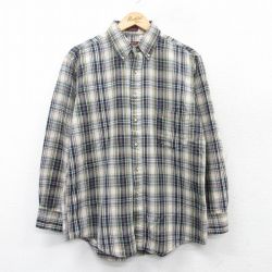 L★古着 長袖 フランネル シャツ メンズ 90年代 90s コットン ボタンダウン USA製 紺他 ネイビー チェック 25mar18 中古 トップス