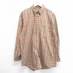 XL★古着 長袖 フランネル シャツ メンズ 大きいサイズ ロング丈 コットン ボタンダウン ベージュ他 カーキ チェック 25mar21 中古 トップス