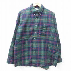 L★古着 エルエルビーン LLBEAN 長袖 フランネル シャツ メンズ 90年代 90s コットン ボタンダウン 緑他 グリーン タータン チェック 25mar21 中古 トップス