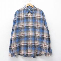 XL★古着 ラルフローレン Ralph Lauren 長袖 ブランド フランネル シャツ メンズ 90年代 90s ワンポイントロゴ 大きいサイズ コットン ボタンダウン 紺他 ネイビー チェック 25mar26 中古 トップス