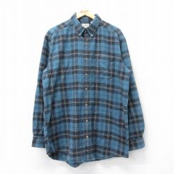 XL★古着 エルエルビーン LLBEAN 長袖 フランネル シャツ メンズ 00年代 00s ロング丈 コットン ボタンダウン 紺系他 ネイビー チェック 25mar26 中古 トップス