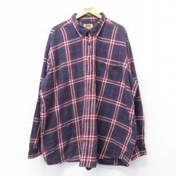 XL★古着 長袖 フランネル シャツ メンズ 大きいサイズ ロング丈 コットン ボタンダウン 紺他 ネイビー チェック 25mar26 中古 トップス