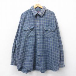 XL★古着 長袖 ヘビー フランネル シャツ メンズ 大きいサイズ ロング丈 コットン 紺他 ネイビー チェック 25mar26 中古 トップス