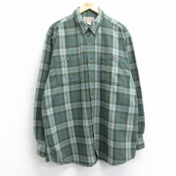 XL★古着 長袖 フランネル シャツ メンズ 大きいサイズ ロング丈 コットン ボタンダウン 緑他 グリーン チェック 25mar26 中古 トップス