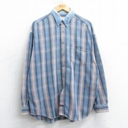 XL★古着 アリゾナジーンズ 長袖 フランネル シャツ メンズ 00年代 00s 襟デニム コットン ボタンダウン 薄紺他 ネイビー チェック 25mar26 中古 トップス