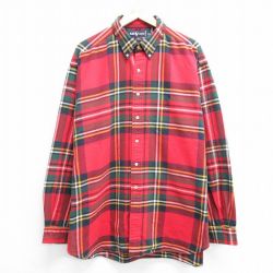 XL★古着 ラルフローレン Ralph Lauren 長袖 ブランド フランネル シャツ メンズ 90年代 90s ワンポイントロゴ BLAIRE 大きいサイズ ロング丈 コットン ボタンダウン 赤他 レッド チェック 25mar28 中古 トップス