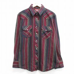 L★古着 ラングラー Wrangler 長袖 ウエスタン フランネル シャツ メンズ コットン エンジ他 ストライプ 25mar28 中古 トップス