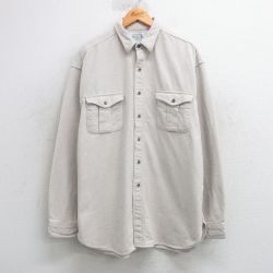 XL★古着 長袖 ヘビー フランネル シャツ メンズ 大きいサイズ ロング丈 コットン 薄ベージュ カーキ 25mar28 中古 トップス