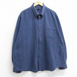XL★古着 長袖 フランネル シャツ メンズ 大きいサイズ コットン ボタンダウン 紺他 ネイビー チェック 25mar31 中古 トップス