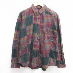 XL★古着 STRUCTURE 長袖 フランネル シャツ メンズ パッチワーク 大きいサイズ コットン ボタンダウン 緑他 グリーン チェック 【spe】 25apr03 中古 トップス