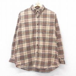 L★古着 エルエルビーン LLBEAN 長袖 フランネル シャツ メンズ 90年代 90s コットン ボタンダウン USA製 ベージュ他 カーキ チェック 25aug28 中古 トップス