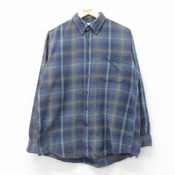 L★古着 エルエルビーン LLBEAN 長袖 フランネル シャツ メンズ 90年代 90s コットン ボタンダウン USA製 紺他 ネイビー チェック 25aug28 中古 トップス