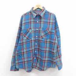 XL★古着 長袖 ヘビー フランネル シャツ メンズ 80年代 80s 青 ブルー チェック 25sep06 中古 トップス